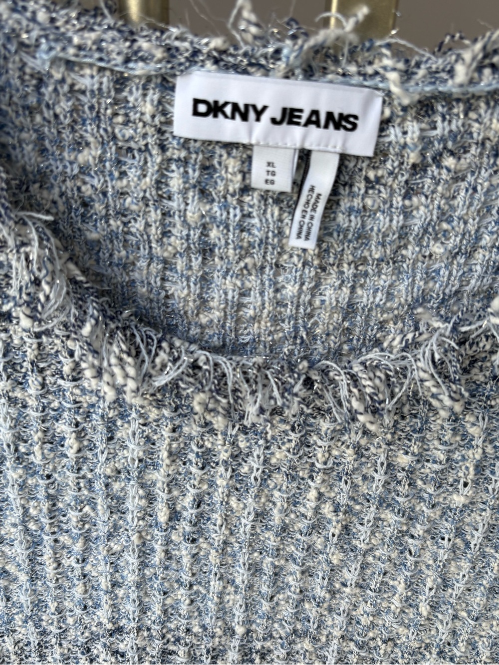 DKNY Jeans Light Blue and Cream Frayed-Trim Crewneck Sweater